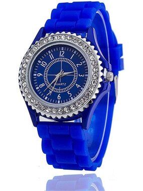 Womens Dark Blue Analog Quartz Silicone Band Lady Digital Rhinestone Wrist Watch